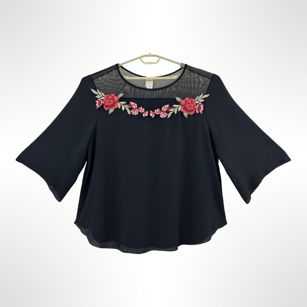 Bonded Tunic Top Womens 3XL‎ Black Mesh Floral Embroidered Bell Sleeve Plus USA